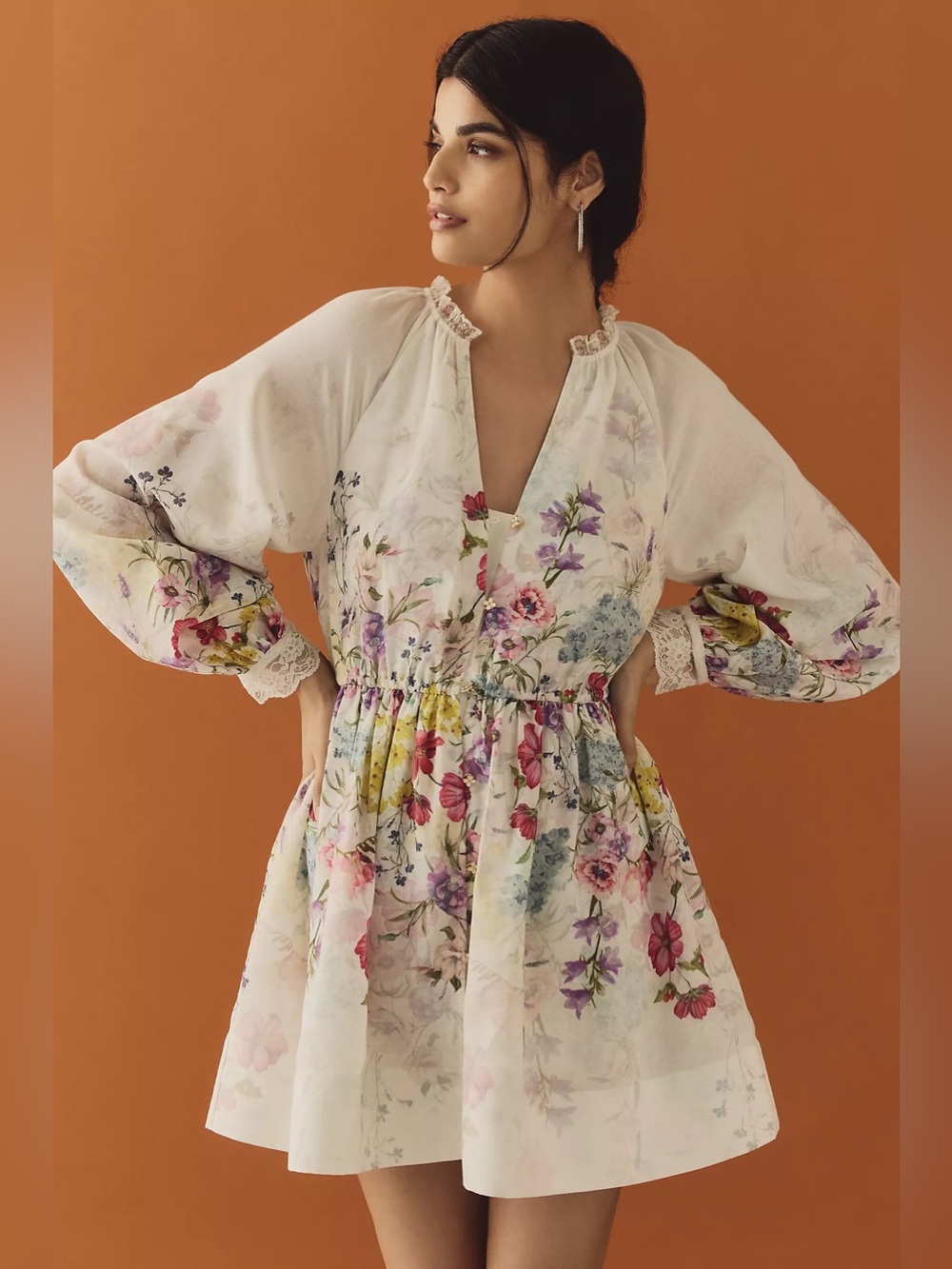 Anthropologie Let Me Be V-Neck A-Line Mini Floral Lace Trim Dress Size XL